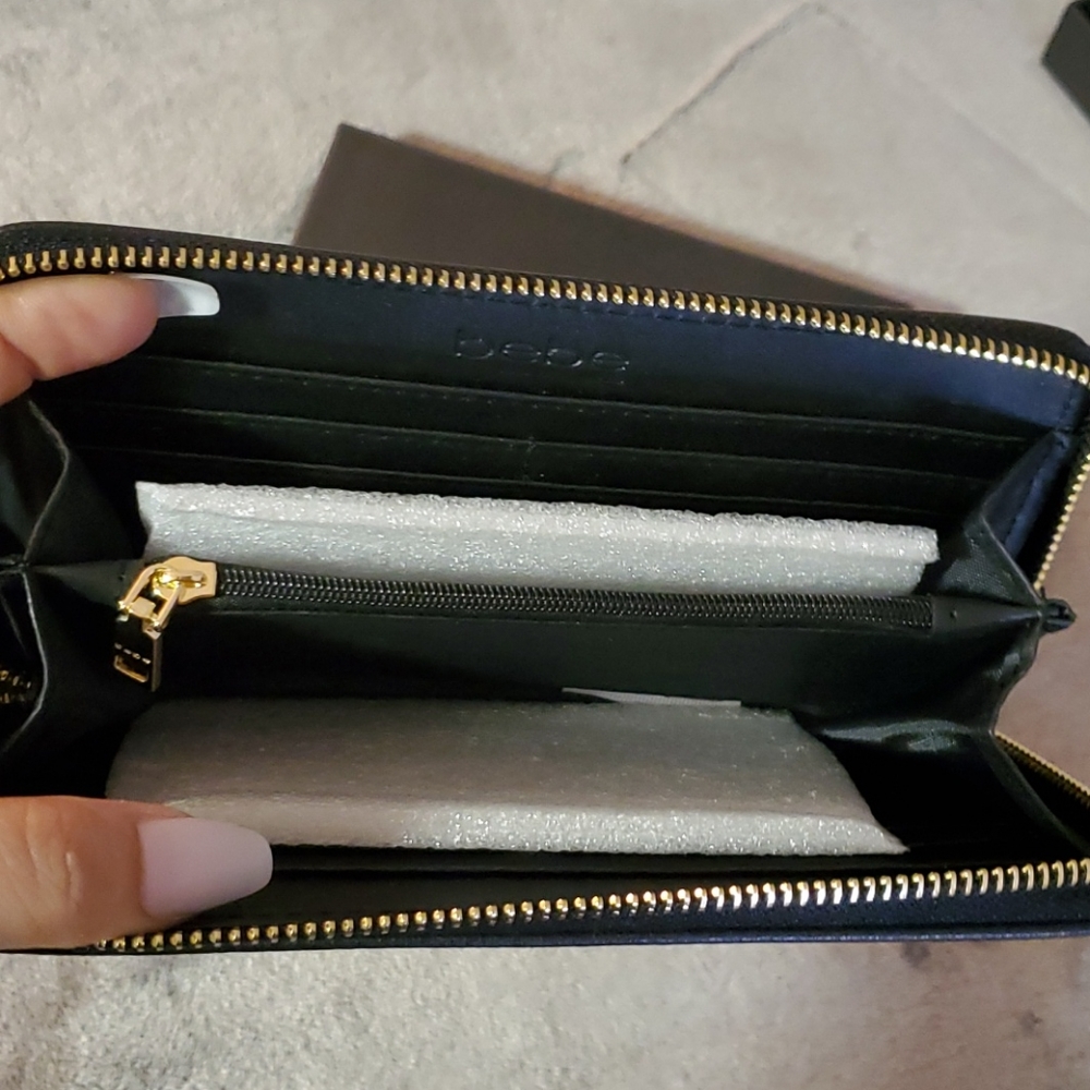 bebe Rhinestone Logo Zip Around Wallet - Black - Picture 7 of 13